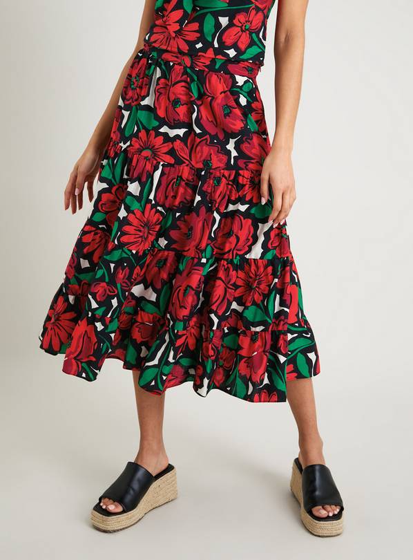 Red Rose Floral Coord Tiered Skirt - 14